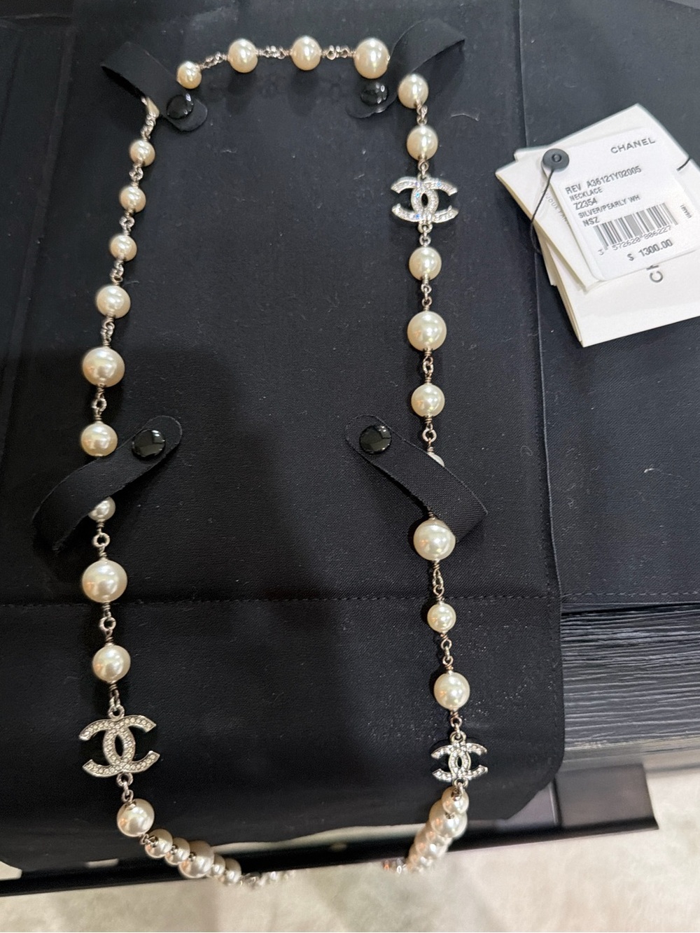 CHANEL Pearl & Crystal CC Logo Station Necklace - Cream and Silver